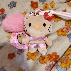 Tan Kawaii / Hawaii Hello Kitty Plush Keychain with Pink Pom Pom
